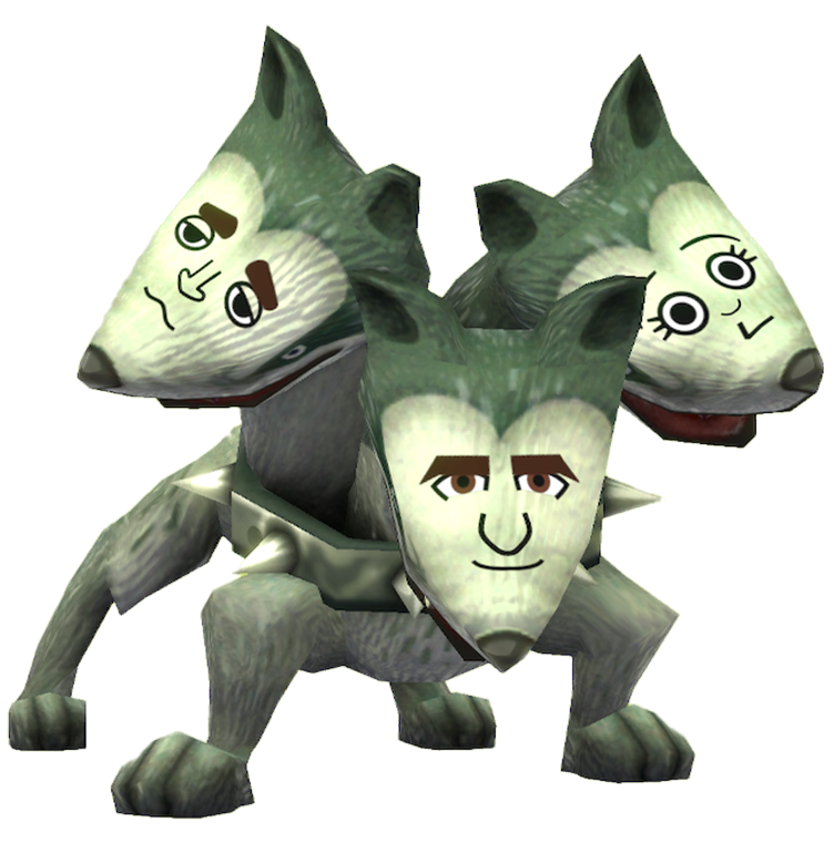 Miitopia (Switch) promotional art for the Cerberus, featuring Rudy (left), Ernie (center), and Clara (right).