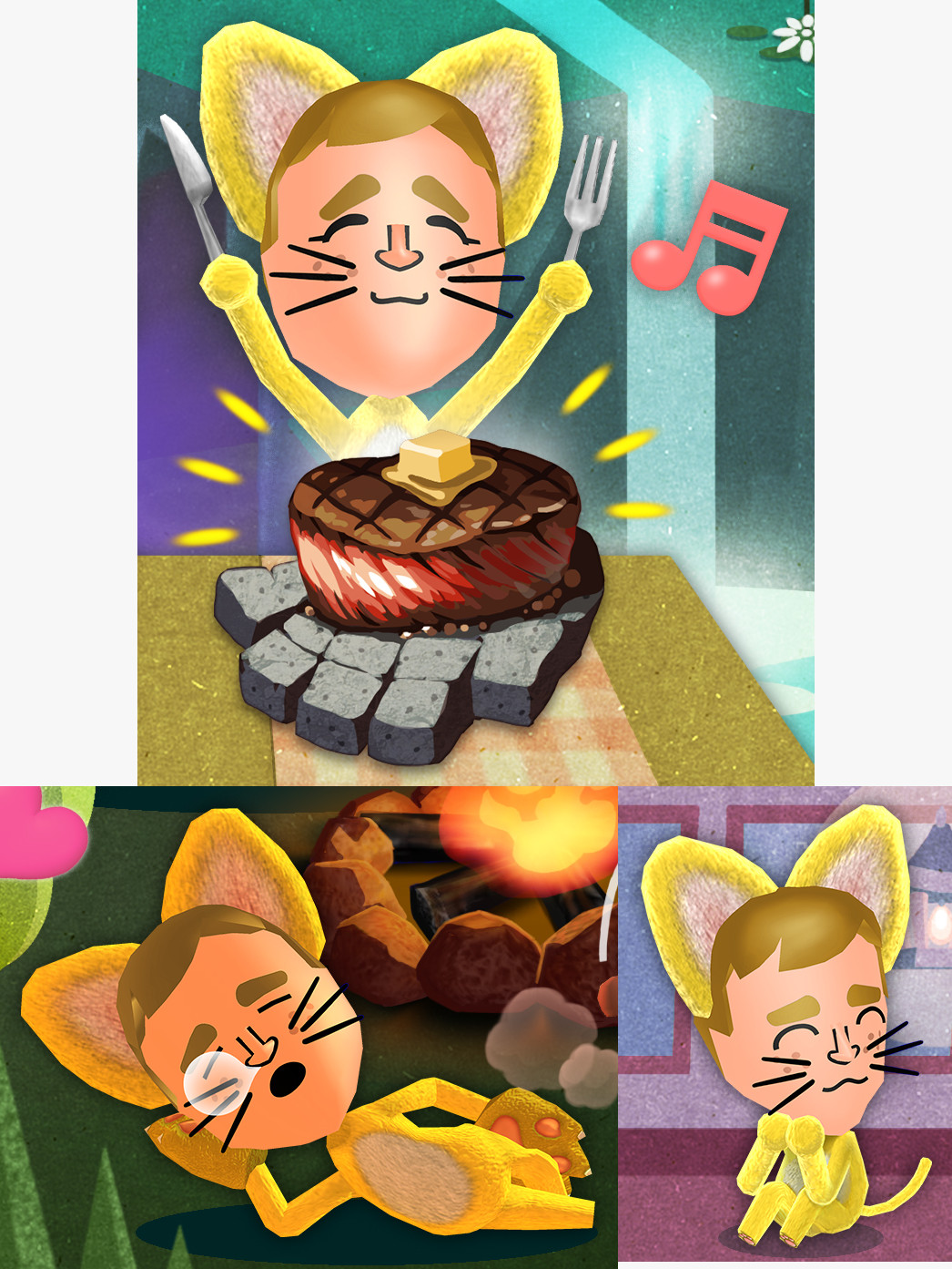 Miitopia (3DS) press kit key art, featuring a Cat hero in several areas.