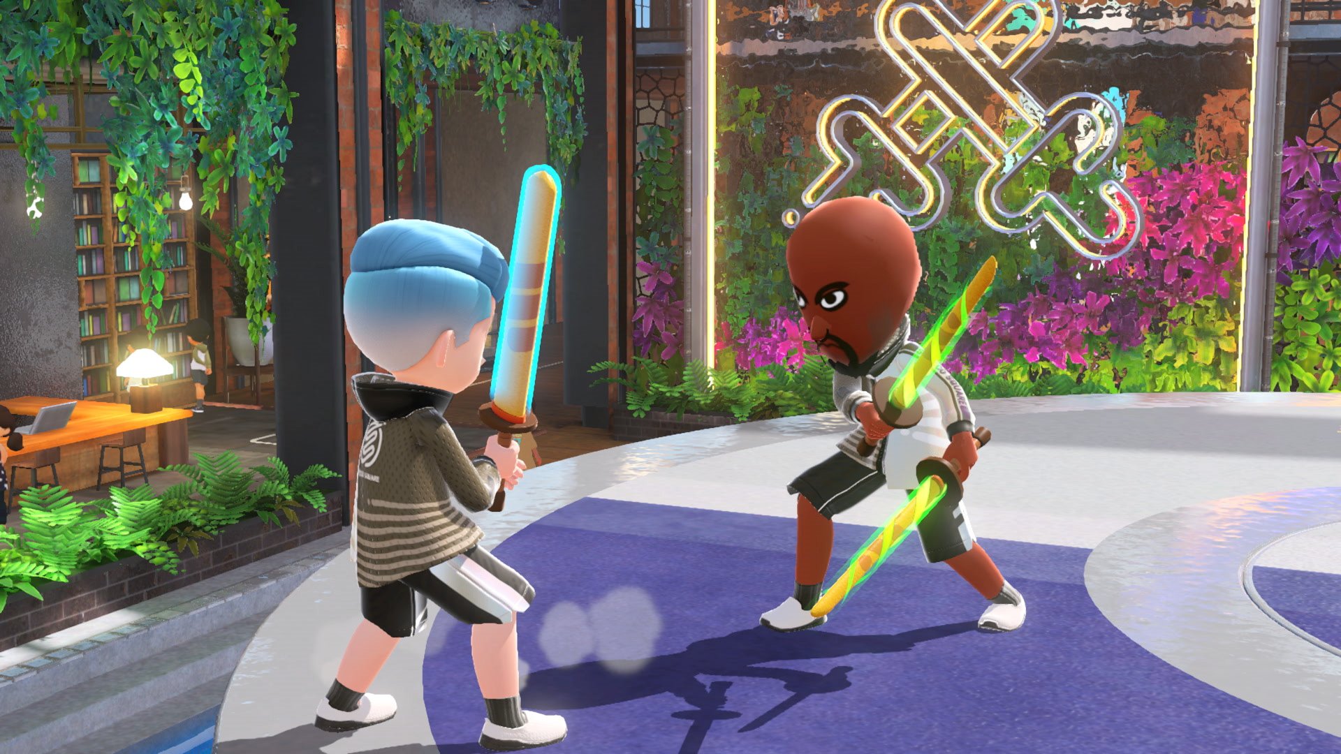 A promotional screenshot of Nintendo Switch Sports, showing a CPU Sportsmate character battling a player Mii character resembling Matt.