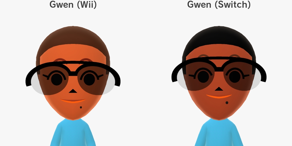 Comparison between Gwen (Wii), left, and Gwen (Switch), right