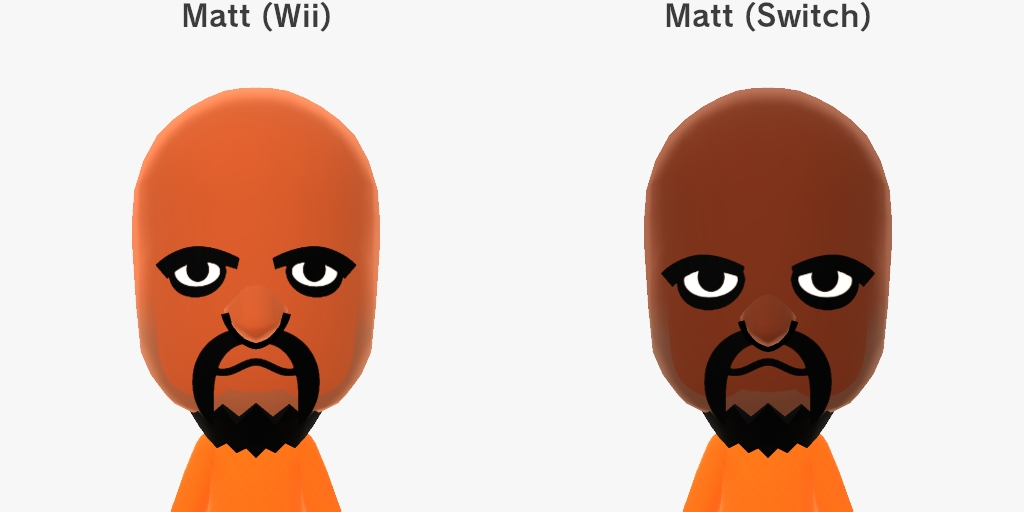 Comparison between Matt (Wii), left, and Matt (Switch), right