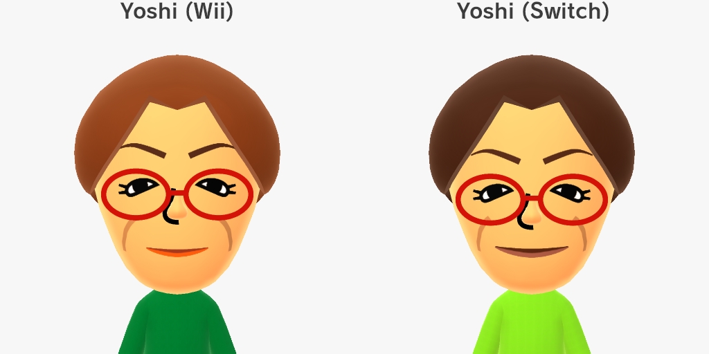 Comparison between Yoshi (Wii), left, and Yoshi (Switch), right