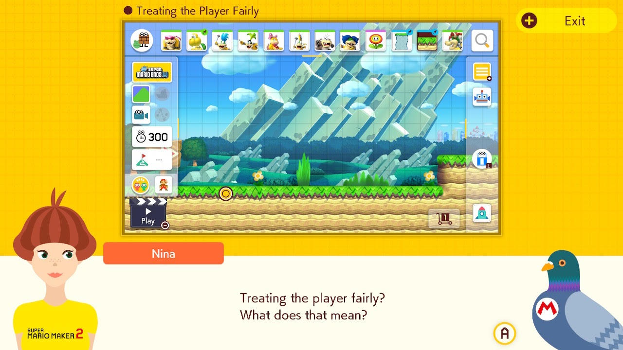 Screenshot showing Nina talking to Yamamura in Super Mario Maker 2. Nina is saying "Treating the player fairly? What does that mean?"