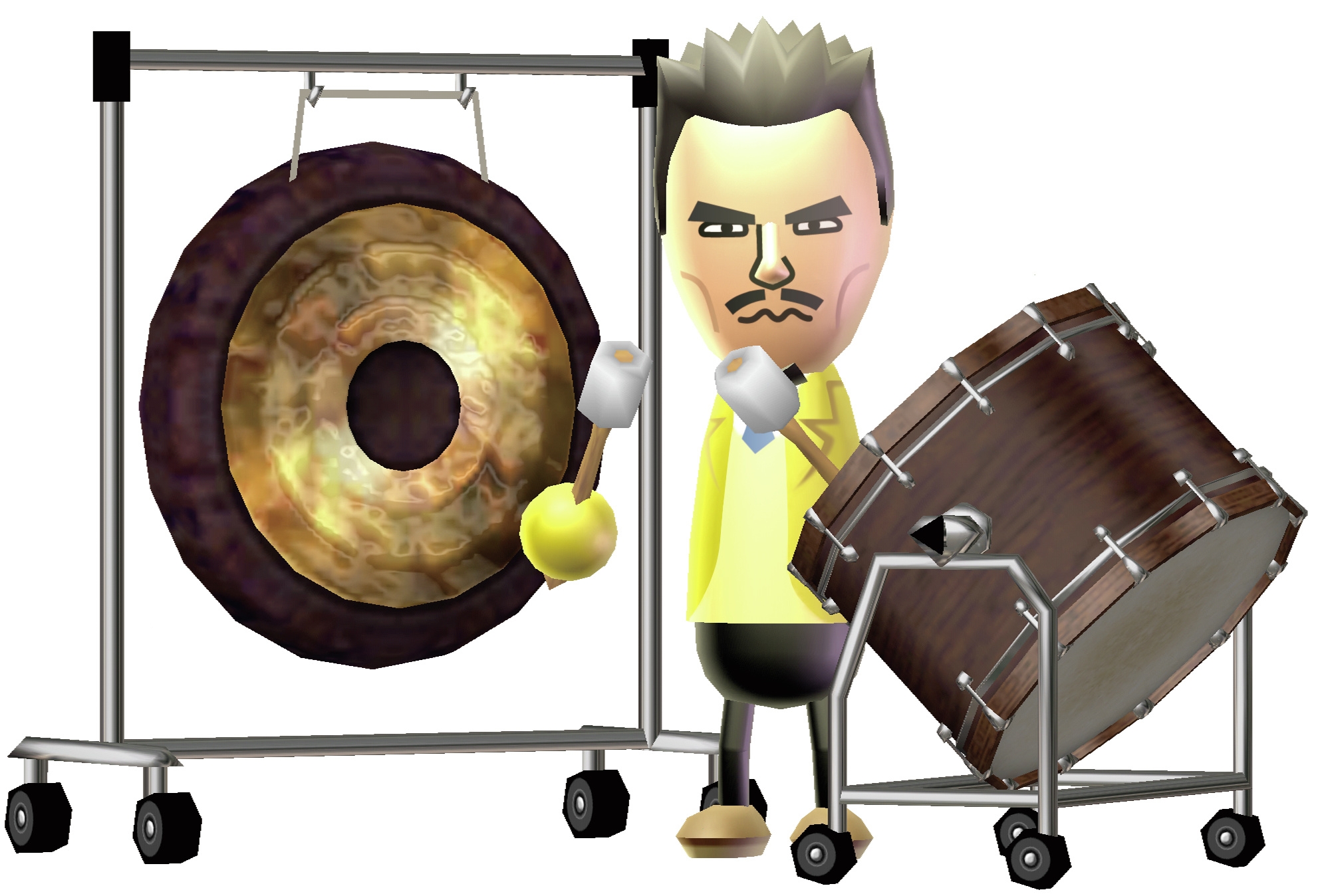 Saburo (Wii) in promo art for Wii Music playing the bass drum instrument.